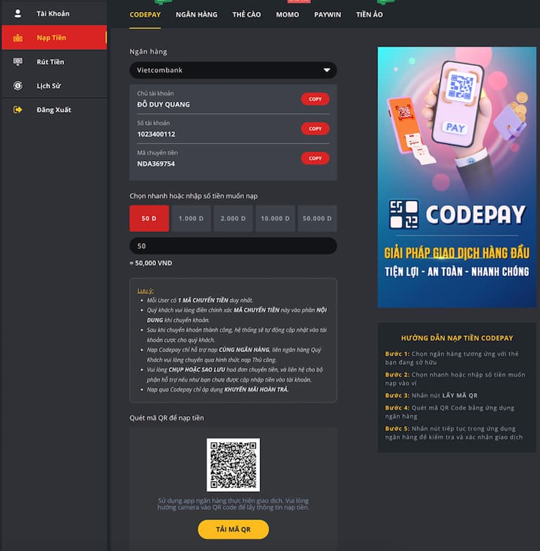 Hướng dẫn nạp tiền bằng hình thức CODEPAY